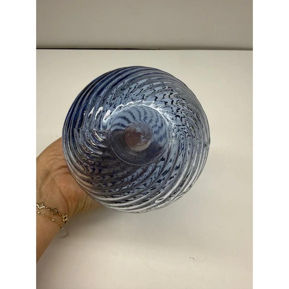 Hand Blown Blue Swirl Optic Glass Vase Teardrop Spiral Art Glass 6 Inch